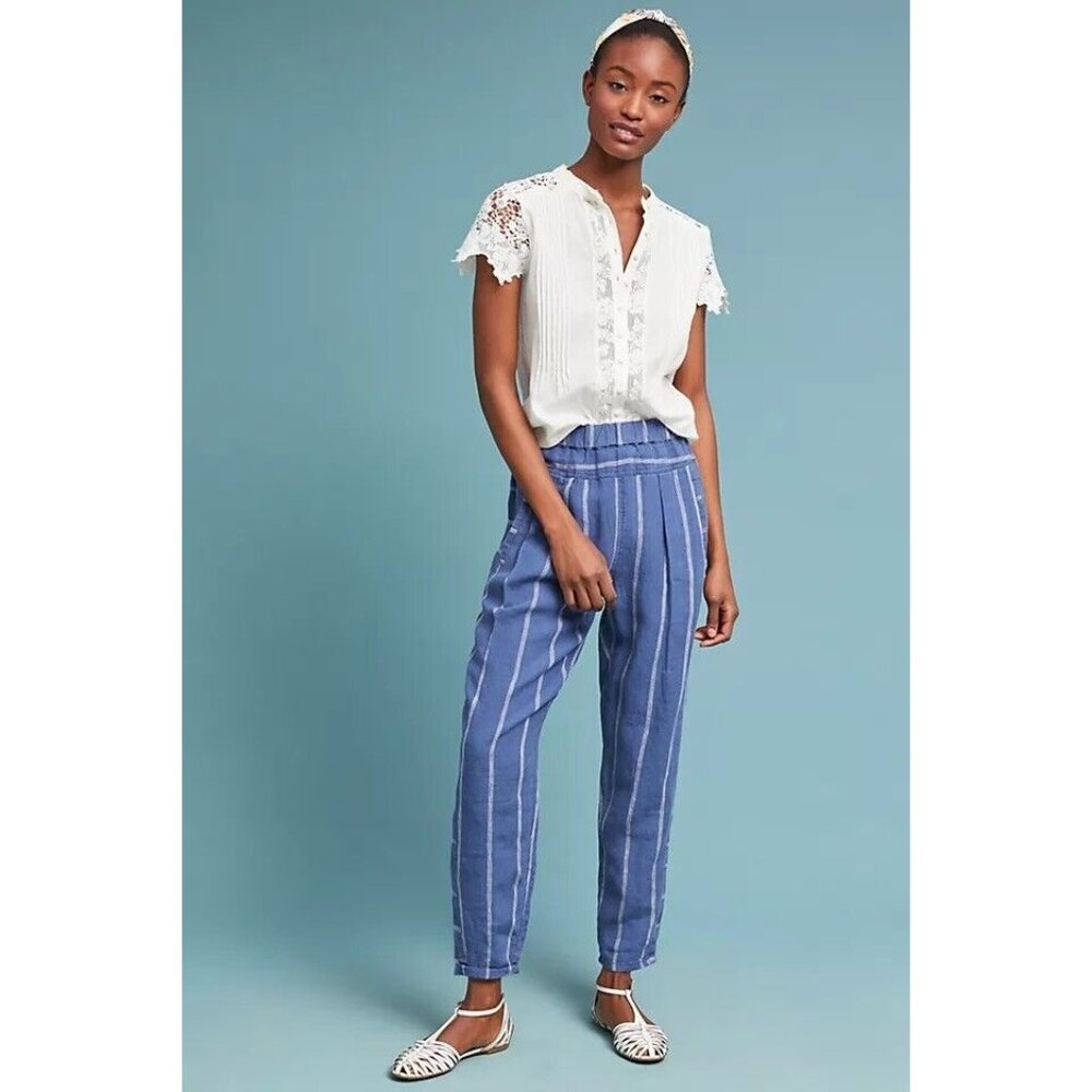 Anthropologie Pants womens  XL blue  high rise wide leg linen crop boho casual